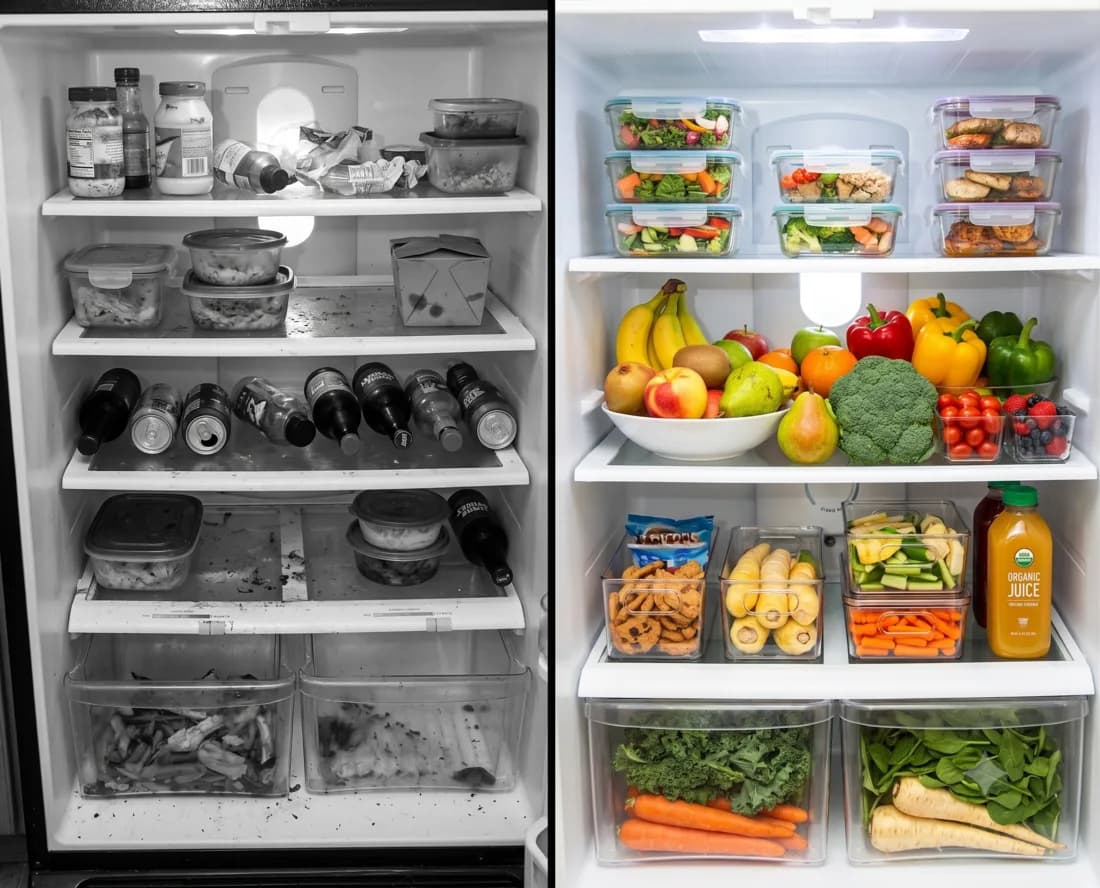 Before and after comparison of a refrigerator with limited food and fresh groceries