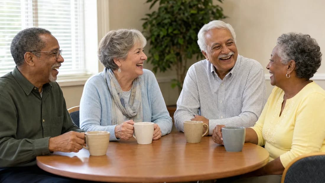 Older adults talking together at a community table
