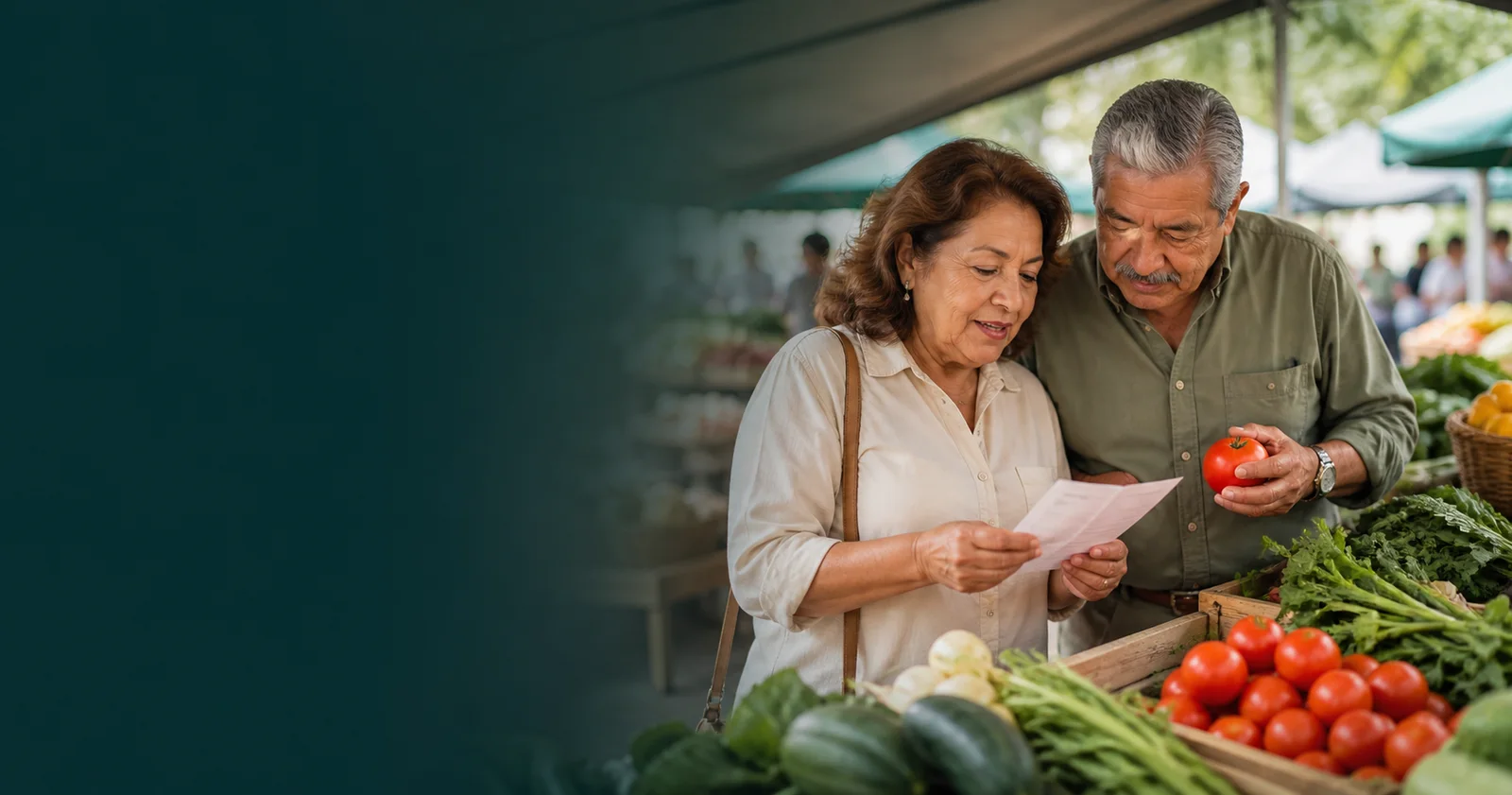 An older couple comparing their grocery list at a neighborhood market
