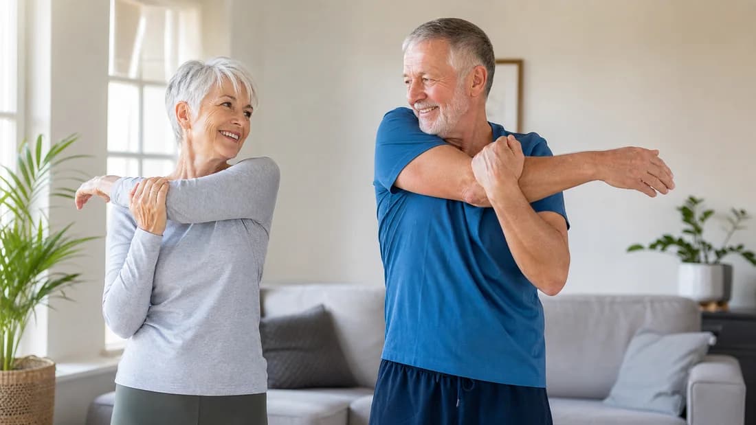 An older adult beginning the day with a gentle stretch