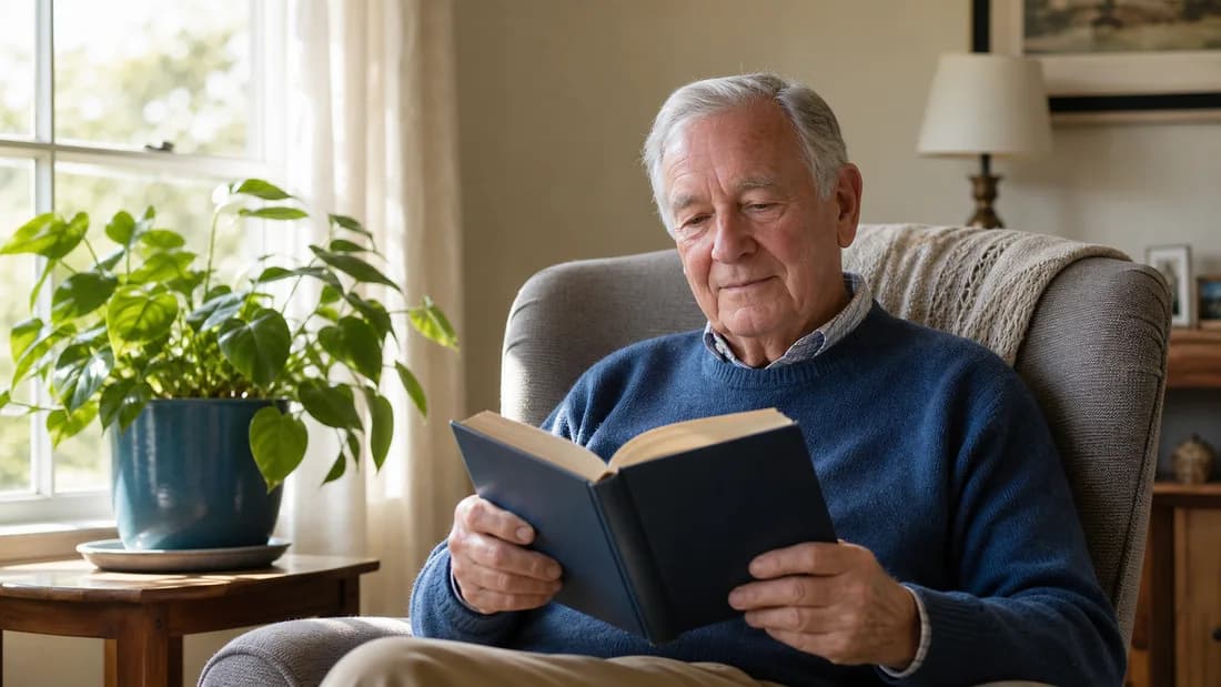 An older man reading a guide at home
